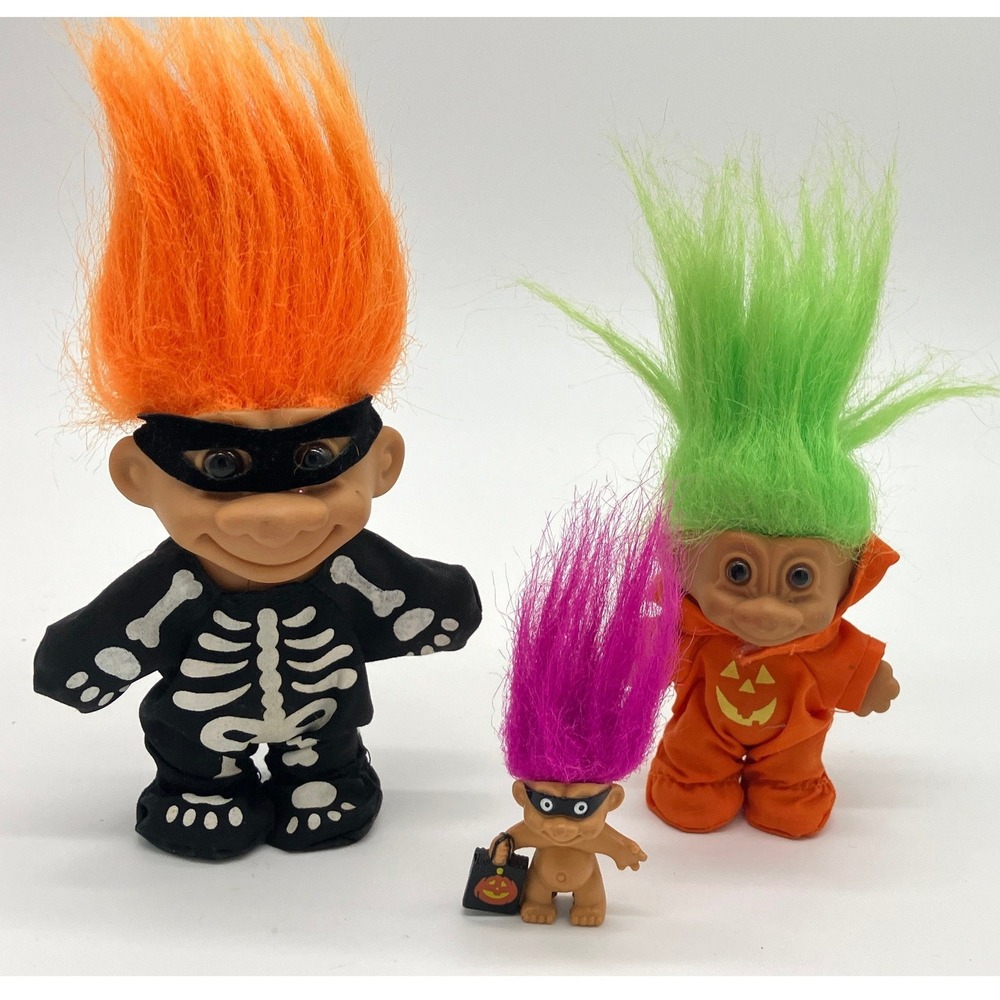 Vintage Halloween Troll Doll Lot of 3 Skeleton Pumpkin Mask Orange Green Hair